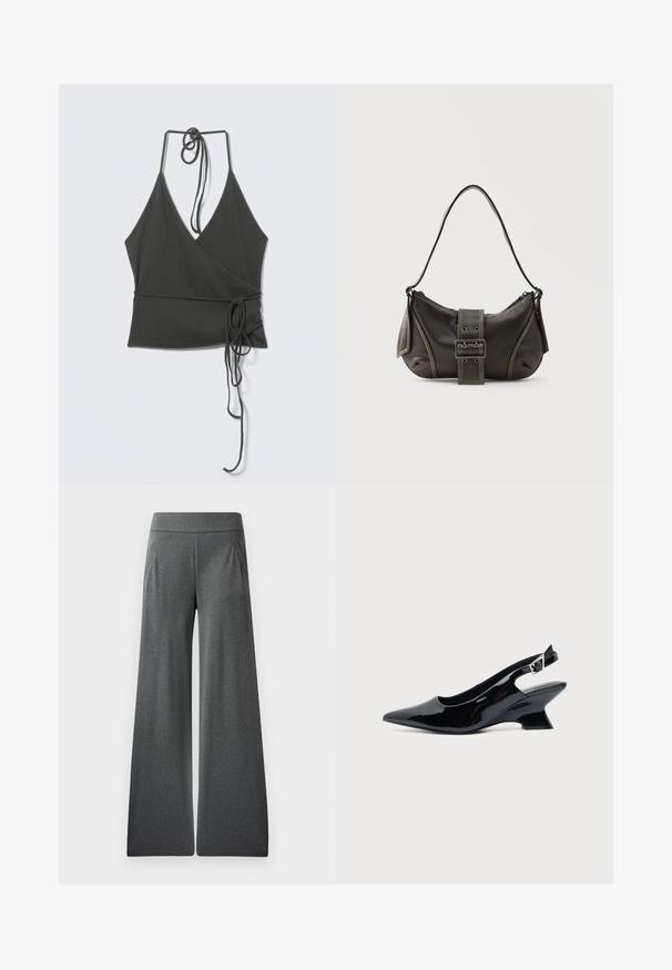 Haut cache-cœur sans manches gris foncé avec des fines bretelles nouées au cou et à la taille, liens en tissu tombant sur fond clair.; Pantalons larges gris avec une taille plate, des plis à l'avant et une texture lisse, conçus pour le confort et la liberté de mouvement.; Chaussure slingback en cuir verni noir avec bout pointu et petit talon bloc incliné sur fond clair uni.; Sac à épaule en cuir noir avec une sangle à boucle, des bords arrondis et des coutures blanches contrastées sur un fond uni.