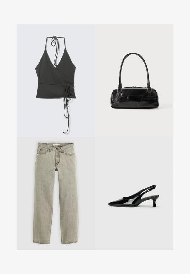 Haut cache-cœur sans manches gris foncé avec des fines bretelles nouées au cou et à la taille, liens en tissu tombant sur fond clair.; Jeans gris clair à jambe droite avec fermeture à bouton et zip à l'avant, passants de ceinture et design à cinq poches.; Escarpins en cuir verni noir avec un bout pointu et un petit talon carré. Sangle réglable à la cheville avec boucle.; Sac à main en cuir noir de forme rectangulaire, doté d'une seule ansse structurée, de quincaillerie argentée et d'une fermeture éclair. Texture lisse.