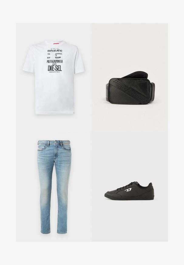 T-shirt en coton blanc avec une typographie noire audacieuse affichant les mots "BRAVES" et "DIE-SEL INDUSTRY" ainsi qu'un design découpé semi-transparent.; Jeans en denim bleu clair avec une coupe ajustée, design à cinq poches et décoloration subtile, dotés d'une fermeture à bouton et de passants de ceinture.; Baskets synthétiques noires avec une semelle noire texturée, un bout rond et des lacets plats noirs. Logo blanc remarquablement placé sur le côté extérieur.; Ceinture noire présentant un design texturé avec un logo en relief bien visible. Le matériau semble lisse avec une finition en cuir.