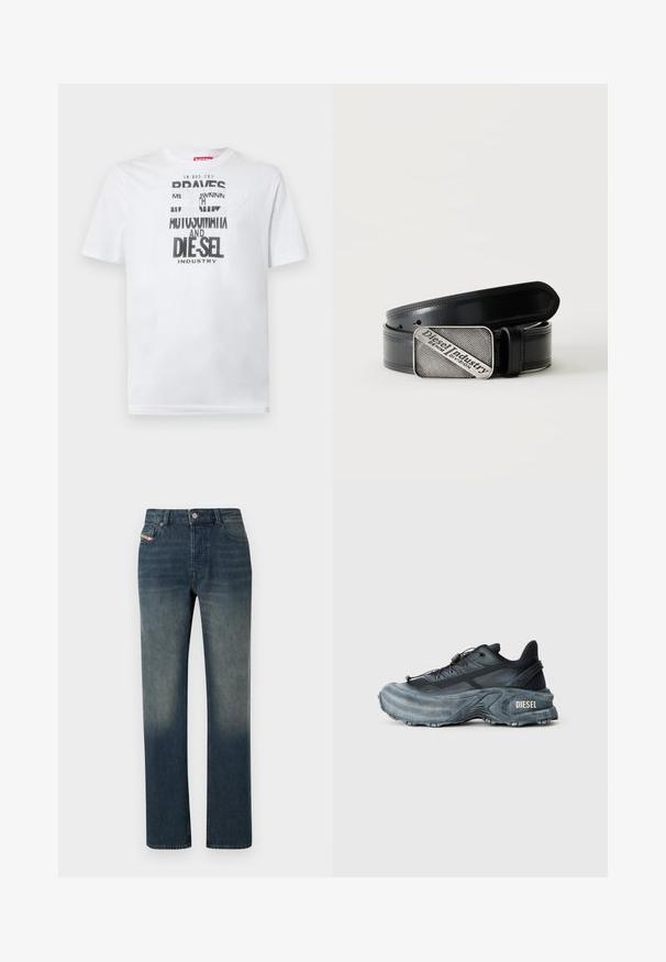 T-shirt en coton blanc avec une typographie noire audacieuse affichant les mots "BRAVES" et "DIE-SEL INDUSTRY" ainsi qu'un design découpé semi-transparent.; Jean en denim bleu à jambe droite avec lavage délavé, fermeture avant par bouton et fermeture éclair, et design à cinq poches.; Baskets Diesel noires et grises avec semelle épaisse, système de laçage à bascule et design texturé sur fond gris clair uni.; Ceinture en cuir noir avec une boucle rectangulaire argentée portant le texte gravé "Diesel Industry Denim Division" sur un fond clair à rayures.