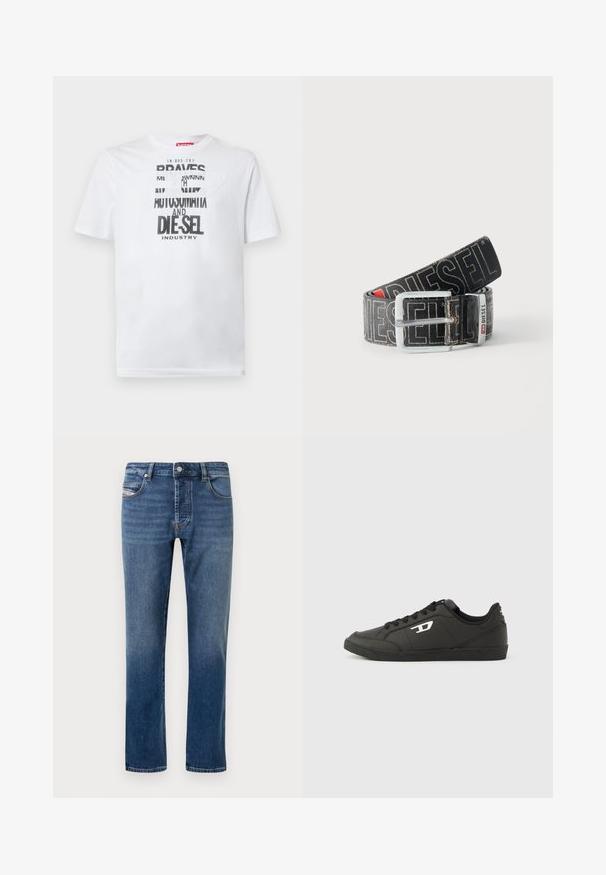 T-shirt en coton blanc avec une typographie noire audacieuse affichant les mots "BRAVES" et "DIE-SEL INDUSTRY" ainsi qu'un design découpé semi-transparent.; Jean denim bleu foncé avec une coupe droite, cinq poches et une fermeture à boutons. Présente un léger délavage et des accents de couture.; Baskets synthétiques noires avec une semelle noire texturée, un bout rond et des lacets plats noirs. Logo blanc remarquablement placé sur le côté extérieur.; Ceinture noire Diesel avec grand texte logo blanc, boucle rectangulaire en argent, et détail de boucle métallique brandée, enroulée sur un fond clair.