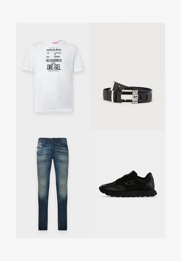 T-shirt en coton blanc avec une typographie noire audacieuse affichant les mots "BRAVES" et "DIE-SEL INDUSTRY" ainsi qu'un design découpé semi-transparent.; Jean denim bleu foncé à coupe droite, avec un effet délavé sur les jambes, cinq poches et une fermeture à bouton à la taille.; Baskets basses noires avec cuir texturé et panneaux en tissu, fermeture lacets et semelle épaisse en caoutchouc sur un fond clair uni.; Ceinture en cuir noir avec boucle métallique argentée portant le mot "DIESEL." La ceinture comporte plusieurs trous d'ajustement tout au long de sa longueur.