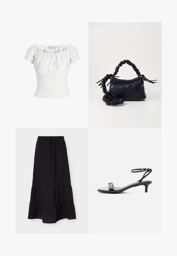 Hvid off-the-shoulder top med korte puf ærmer, prydet med tekstureret stof med hulmønstre og en tætsiddende bodice. Mærkets label er synlig.; Sort ankel-lang nederdel med lagdelte flæser og elastisk linning med bindebånd, lavet af let tekstureret stof.; Sort læder sandal med åben tå, lav lillehæl, tynd ankelrem med guldlås og dekorativt gyldent accent på frontremmen.; Sort kunstlæder håndtaske med krokodilteksur, indsnøret top og en sammenkrøben rem. Ser blød og kompakt ud i designet.