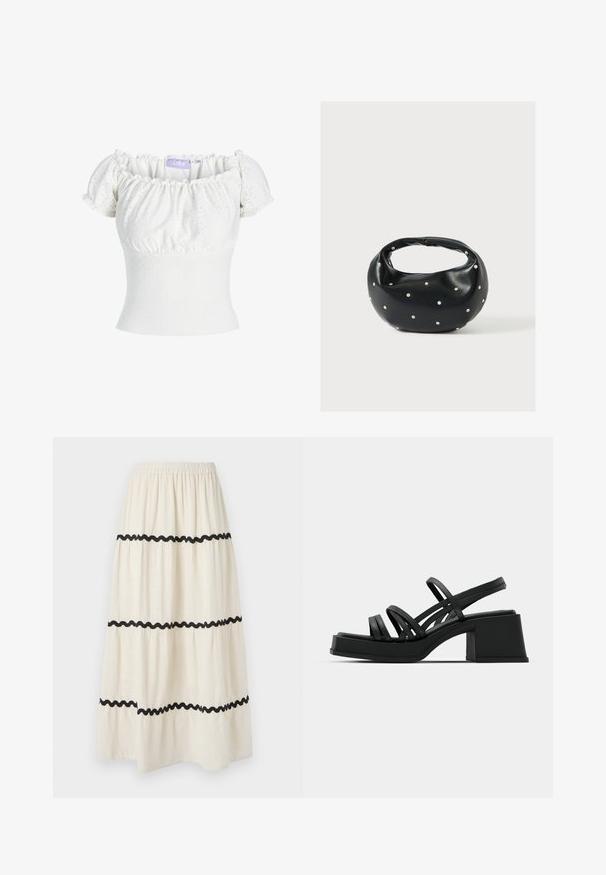 Hvid off-the-shoulder top med korte puf ærmer, prydet med tekstureret stof med hulmønstre og en tætsiddende bodice. Mærkets label er synlig.; Lagdelte ankel-lange nederdele i cremefarvet stof med sort bølgende kant. Har elastisk talje for komfort og let, svævende fald.; Sorte hælede sandaler med flere tynde stropper og en bred blokhæl. Slank design med en mat overflade. Sålens fodbed har en let kurve.; Sort læderhåndtaske med en rundet form, dekoreret med sølvnitter, og et kort håndtag. Glat tekstur og lynlåslukning.