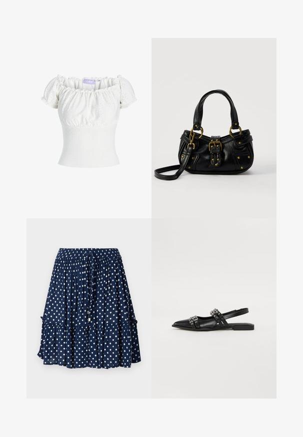 Hvid off-the-shoulder top med korte puf ærmer, prydet med tekstureret stof med hulmønstre og en tætsiddende bodice. Mærkets label er synlig.; Mørkeblå skirt med hvide prikker, der har en flæse i bunden og en elastisk talje med snøre til justerbar pasform.; Even&Odd by Zalando Slingback-ballerinasko - black; Sort læderhåndtaske med guldbælge og nitdetaljer, korte håndtag og en justerbar skulderrem på en ensfarvet hvid baggrund.