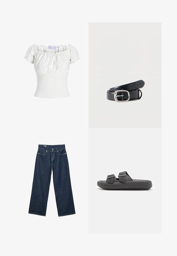 Hvid off-the-shoulder top med korte puf ærmer, prydet med tekstureret stof med hulmønstre og en tætsiddende bodice. Mærkets label er synlig.; Mørkeblå vidde jeans i denim med dobbelt knaplukning, forlommer og kontrastsyning på hvid baggrund.; Sorte gummisandaler med en struktureret overflade, to justerbare remme og en flad sål. Letvægtsdesign, der er velegnet til afslappet brug.; Sort læderbælte med et rektangulært sølvspænde. Glat tekstur med udstansede huller til justering og mærket inderside.