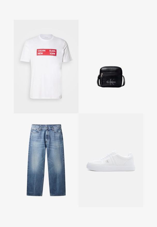 Camiseta de algodón blanca con un audaz texto gráfico rectangular rojo: "CALVIN NEW KLEIN YORK." Con mangas cortas y un diseño de cuello redondo.; Vaqueros rectos de pierna en azul claro con zonas descoloridas, cinco bolsillos, cierre de botones y etiqueta Calvin Klein en el bolsillo delantero derecho.; Zapatilla deportiva blanca de perfil bajo con tejido texturizado, cierre de cordones, suela plana y sutil logo "cK" en el panel lateral.; Bolso bandolera negro Calvin Klein con bolsillo delantero con cremallera y logo CK, correa ajustable con detalle de marca.