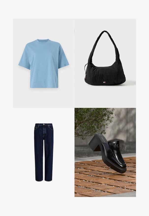 Helles blaues T-Shirt mit kurzen Ärmeln aus Baumwolle, das einen runden Halsausschnitt und ein kleines Logo auf der Brust hat. Lässige Passform mit glatter Textur.; Dunkelblaue Denim-Jeans mit geradem Bein, hoher Taille, fünf Taschen und kontrastierenden Nähten. Ohne Verzierungen.; Schwarze Leder-Slip-on-Mule von Calvin Klein mit Blockabsatz, die auf Holzfliesen im Freien nahe einer grünen Pflanze und einer grauen Wand ruht.; Schwarze Nylon-Umhängetasche mit gebogenem Griff, Reißverschlusstasche und kleinem Logo auf der Vorderseite; gepolsterte Textur mit weicher, abgerundeter Form.
