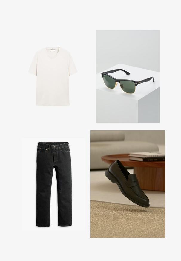 Lys hvid kortærmet t-shirt med rund hals, vist fladt med synlig halslabel mod en hvid baggrund.; Sorte lige ben denim jeans med fem lommer, bæltestropper og en knaplukning i taljen, lagt fladt på en hvid baggrund.; Sort læderloafer vist i luften over en beige vævet tæppe, med et træbord og stablede bøger i et blødt oplyst stue.; Ray-Ban solbriller med grønne linser, sorte plastikstel og gyldne detaljer ved kanterne. Firkantet form med mat finish.