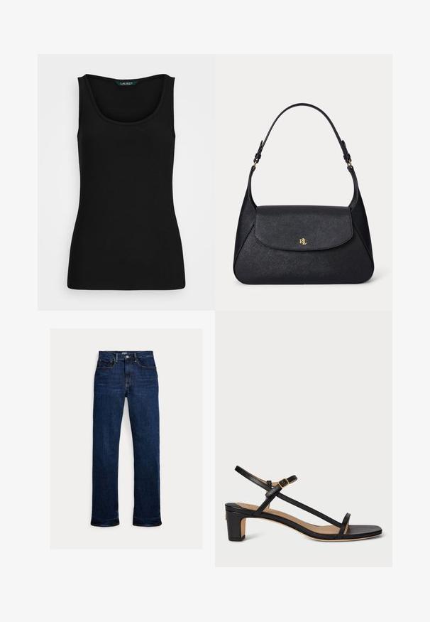 Zwart geribbeld tanktop met een ronde halslijn, aansluitende vorm en naadloze randen. Stof is zacht en rekbaar. Etiket zegt "LAUREN."; Donkerblauwe straight-leg spijkerbroek met knoop en rits aan de voorkant, ontwerp met vijf zakken en zichtbare stikseldetails.; Zwarte leren sandaal met heel en open teen, slanke bandjes, een verstelbare enkelgesp en een vierkante blokhak. Glad oppervlak.; Zwart gestructureerde leren schoudertas met een gebogen klep en een gouden "RL" logo op de voorkant, met een verstelbare band met gouden beslag.
