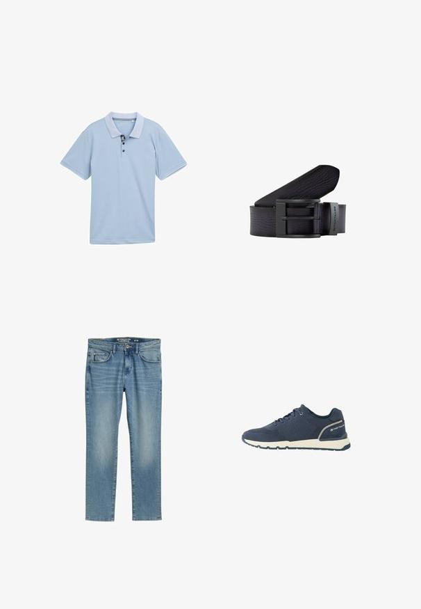 Lyseblå polo-shirt med en tofarvet krave, tre-knaps placket og korte ærmer. Fremstillet af glat, åndbart stof.; Lysblå denim jeans med lige ben, fem lommer, diskret slid og lynlås. Mærket viser 'Tom Tailor' og størrelse 31/32.; Mørkeblå atletiksko med mesh-overdel, hvid sål, sort ydersål og "Tom Tailor"-logo på hælkappen.; Sort læderbælte med en struktureret overflade, der har en rektangulær sort metalspænde og et brandet accent. Glatte kanter og lagdelt design.