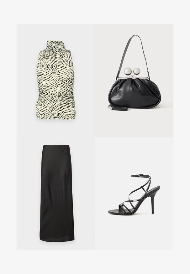 Haut sans manches ajusté avec un col montant, arborant une base crème et un motif en vagues noires à pois ; fabriqué en tissu lisse et extensible.; Jupe maxi noire faite d'un tissu léger et lisse. Présente une silhouette droite avec une taille élastique et sans motifs ni embellissements visibles.; Sandale noire à talons hauts avec des brides fines, une boucle à la cheville, une surface en cuir lisse et un talon aiguille élancé.; Sac à main en cuir noir avec un design plissé, une sangle unique, un cadre métallique argenté et deux grandes fermoirs ronds en argent.