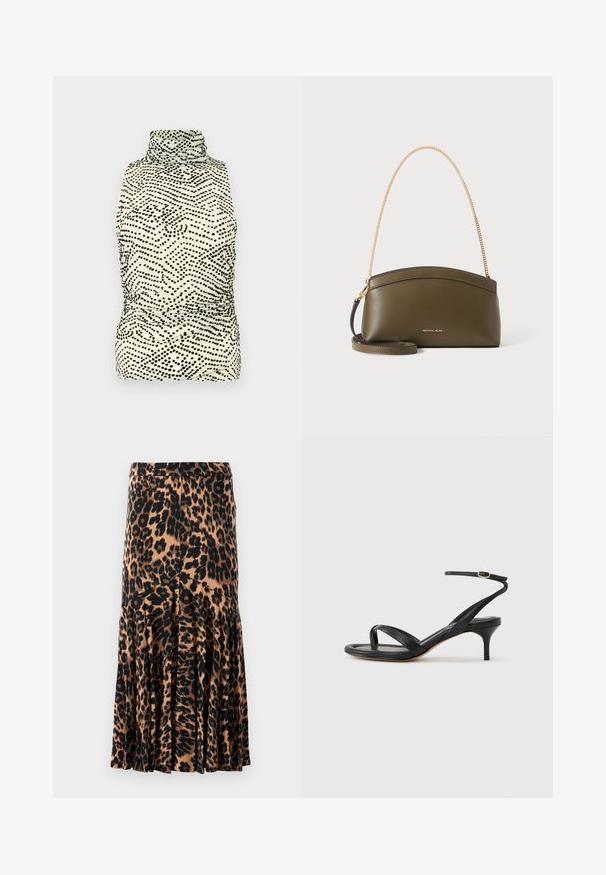 Top sin mangas ajustado con cuello alto, con una base color crema y un patrón de olas con puntos negros; hecho de una tela suave y elástica.; Falda de estampado de leopardo hecha de un tejido suave y sedoso, con un dobladillo acampanado, que presenta un fondo beige con manchas negras y marrón oscuro.; Sandalia negra de cuero para mujer con tiras finas, un lazo para el dedo del pie, hebilla en el tobillo y tacón de aguja de altura media sobre un fondo neutro.; Bolso de mano Michael Kors verde oliva con correa de cadena dorada para el hombro, parte superior curvada y pequeño logo dorado en el frente, mostrado sobre fondo blanco.