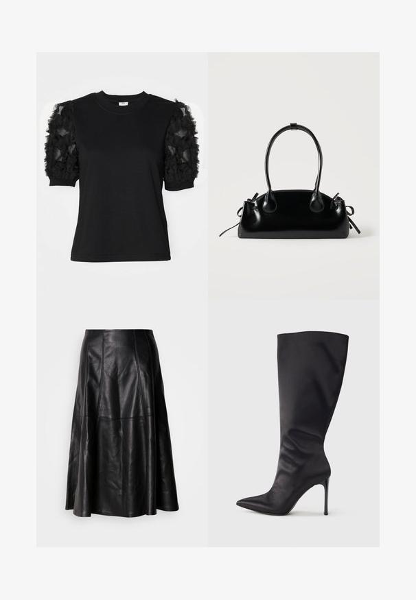 Camiseta negra de manga corta hecha de tela de tul negro con volantes, cuello redondo y silueta ajustada.; Falda de cuero negro con una silueta acampanada, que presenta costuras visibles y una textura suave. Diseño de longitud media con un corte clásico.; Bota negra hasta la rodilla con tacón de aguja, hecha de material liso y elegante; punta puntiaguda; ajuste ceñido con un sutil fruncido cerca del tobillo; tacón brillante.; Pequeño bolso negro brillante con dos asas largas y detalles de cordón lateral sobre un fondo claro liso.