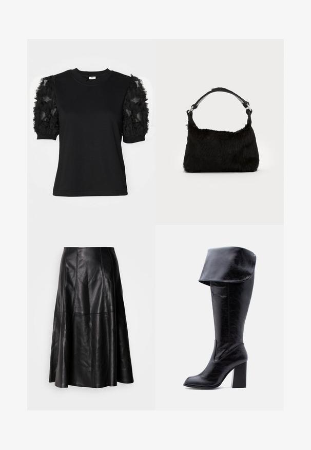 Camiseta negra de manga corta hecha de tela de tul negro con volantes, cuello redondo y silueta ajustada.; Falda de cuero negro con una silueta acampanada, que presenta costuras visibles y una textura suave. Diseño de longitud media con un corte clásico.; Bota alta negra de cuero con tacón, puño doblado y punta redonda, de pie sobre un fondo blanco.; Bolso de mano de piel sintética negra con una textura suave, forma redondeada y una resistente correa de cuero negro para el hombro. Acentos de herrajes plateados visibles.