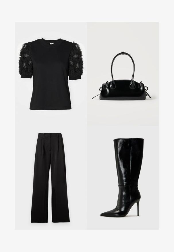 Camiseta negra de manga corta hecha de tela de tul negro con volantes, cuello redondo y silueta ajustada.; Pantalones de pierna ancha en negro, con una textura suave, que presentan pliegues frontales, una cinturilla plana y presillas para cinturón. Diseño simple y ajustado.; Botas de cuero negro hasta la rodilla con punta afilada y tacón alto de aguja. Textura suave y diseño elegante, con detalles mínimos.; Pequeño bolso negro brillante con dos asas largas y detalles de cordón lateral sobre un fondo claro liso.