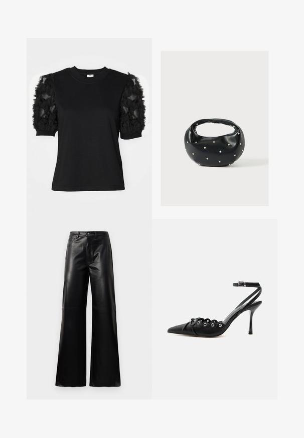 Camiseta negra de manga corta hecha de tela de tul negro con volantes, cuello redondo y silueta ajustada.; Pantalones de imitación de cuero negros de cintura alta y pierna ancha con botón frontal, cierre de cremallera, pasadores para cinturón y bolsillos laterales sobre fondo blanco.; Zapato de tacón alto negro con punta fina, bordes ondulados, ojales metálicos, cordones delanteros y una correa en el tobillo con cierre de hebilla.; Bolso de mano de cuero negro con forma redondeada, decorado con detalles de tachuelas plateadas y un asa corta. Textura lisa y cierre con cremallera.