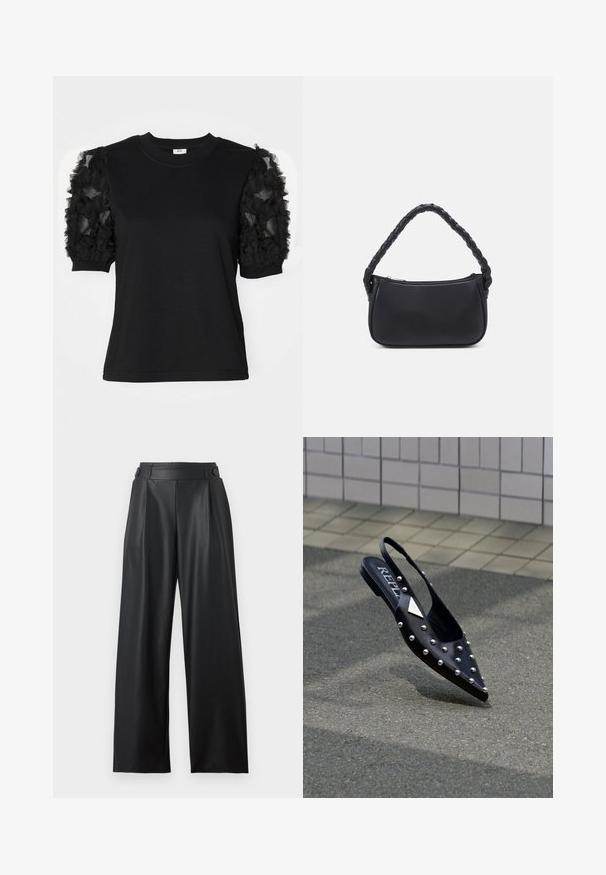 Camiseta negra de manga corta hecha de tela de tul negro con volantes, cuello redondo y silueta ajustada.; Pantalones anchos de cuero sintético negro con cintura alta, detalles de botones en la cintura y pliegues delanteros.; Zapato slingback negro con punta, hecho de material liso, con tachuelas plateadas, suela plana y un logo en la plantilla.; Bolso negro de forma redondeada, hecho de material liso. Presenta un asa trenzada y un cierre de cremallera para un almacenamiento seguro.