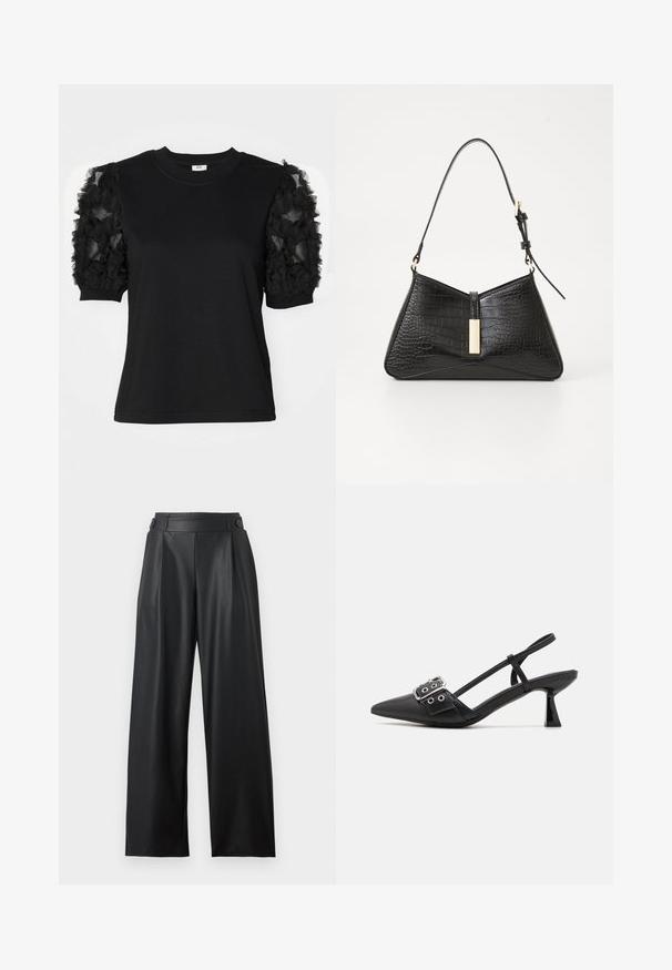 Camiseta negra de manga corta hecha de tela de tul negro con volantes, cuello redondo y silueta ajustada.; Pantalones anchos de cuero sintético negro con cintura alta, detalles de botones en la cintura y pliegues delanteros.; Simmi London DALA - Tacones - black; Bolso negro en material imitación cocodrilo, con forma triangular, correa de hombro delgada y un acento de hardware en tono dorado en el centro.