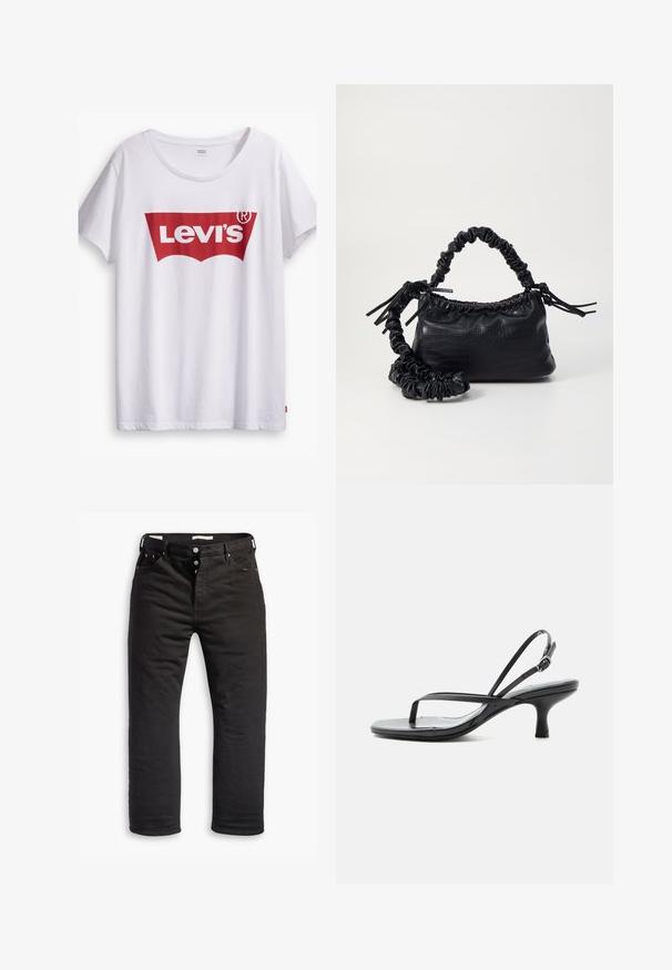 Biely bavlnený tričko s výrazným červeným logom Levi's v tvare červenej štítu. Krátke rukávy a okrúhly výstrih, voľný strih.; Čierne denimové džínsy s rovnými nohavicami, s gombíkovým zapínaním, piatimi vreckami a jemným prešívaním. Hladká textura.; Čierna sandála s tenkými remienkami, nízkym kitten podpätkom, tenkým remienkom na prst a nastaviteľným remienkom na členok so striebornou prackou, na bielom pozadí.; Čierna umelá kožená kabelka s kroko vzorom, sťahovaným vrchom a zhnutým popruhom. Vyzerá mäkko a kompaktné v dizajne.