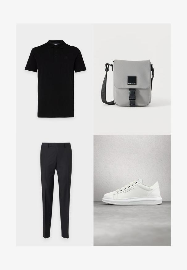 Polo-shirt noir à manches courtes, fabriqué dans un tissu lisse. Doté d'un col classique et d'une patte de boutonnage à trois boutons, avec un logo discret sur la poitrine.; Pantalons noirs avec une coupe sur mesure, devant plat et jambes pliées ; fabriqués à partir d'un tissu lisse avec des passants de ceinture et une fermeture éclair.; Baskets en cuir blanc avec un bout rond, texture lisse, dotées de lacets beige, d'œillets en argent et d'un logo embossé sur le côté.; Sac bandoulière gris avec sangle noire réglable, rabat avant sécurisé par boucle noire, avec un patch logo carré Karl Lagerfeld Jeans.