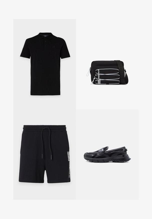 Sort polo t-shirt med korte ærmer, lavet af glat stof. Har en klassisk krave og lukning med tre knapper, samt et diskret logo på brystet.; Sorte bomulds shorts med snoretræk i taljen, prydet med et hvidt logo print på siden og en glat overflade. Klassisk design.; Sort slip-on sneaker med tyk tekstureret sål og meshpaneler, designet til afslappet og atletisk brug.; Sort crossbody taske med hvide elastiske snore på frontlommen og justerbar rem præget med teksten "JEANS".