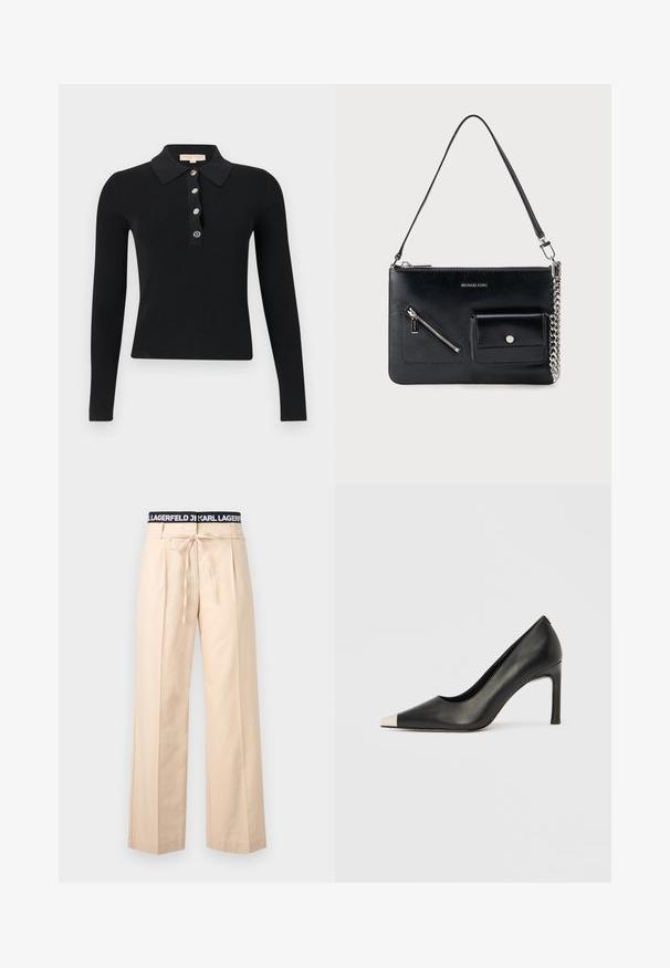 Polo noir à manches longues côtelé avec cinq boutons sur le devant et un col plié, présenté sur un fond blanc.; Pantalon beige à jambes larges avec plis, cordon de serrage à la taille et ceinture élastique noire ornée du texte blanc "KARL LAGERFELD".; Chaussure à talon haut en cuir noir avec bout pointu et capuchon argenté métallique. Présente une finition lisse et un talon fin de 10 cm.; Sac à bandoulière en cuir noir Michael Kors avec fermeture éclair supérieure, poche avant zippée en diagonale, poche à rabat avec bouton-pression et détail en chaîne argentée.