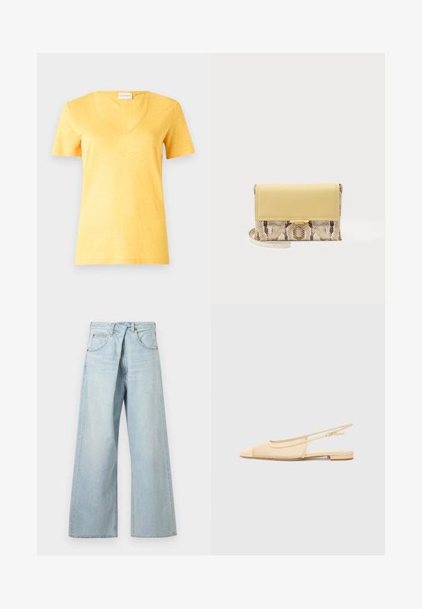Gelbes Kurzarm-V-Ausschnitt-T-Shirt aus leichtem, leicht strukturiertem Stoff. Zeichnet sich durch eine lässige Passform und einen genähten Saum aus.; Hellblaue Jeans mit weitem Bein, Gürtelschlaufen und Vordertaschen, von vorne auf einfachem Hintergrund dargestellt.; Slingback-Ballerina in hellbeige mit einem Netz-Obermaterial, spitz zulaufender Zehenpartie und niedrigem Absatz. Verfügt über einen verstellbaren Riemen für eine optimale Passform.; Kleine Clutch-Tasche mit gelber Lederklappe und Schlangenprint-Korpus, mit dünnem Handgelenksriemen und Verschluss in Goldoptik auf einfarbigem Hintergrund.