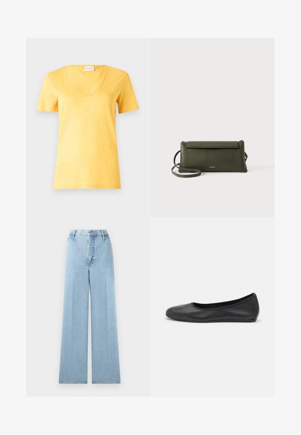 Gelbes Kurzarm-V-Ausschnitt-T-Shirt aus leichtem, leicht strukturiertem Stoff. Zeichnet sich durch eine lässige Passform und einen genähten Saum aus.; Hellblaue weit geschnittene Jeans aus Denim mit hoher Taille, ausgestattet mit fünf Gürtelschlaufen, einem vorderen Knopfverschluss und gesteppte Nähte.; Schwarze Leder-Ballettschuhe mit abgerundeter Spitze, glatter Textur, minimalen Nähdetails und einem flexiblen Sohlen-Design.; Dunkelgrüne, strukturierte Leder-Crossbody-Tasche mit Klappenverschluss und dünnem verstellbarem Tragegurt, geprägt mit kleinem goldenen "Bee Projects"-Logo.