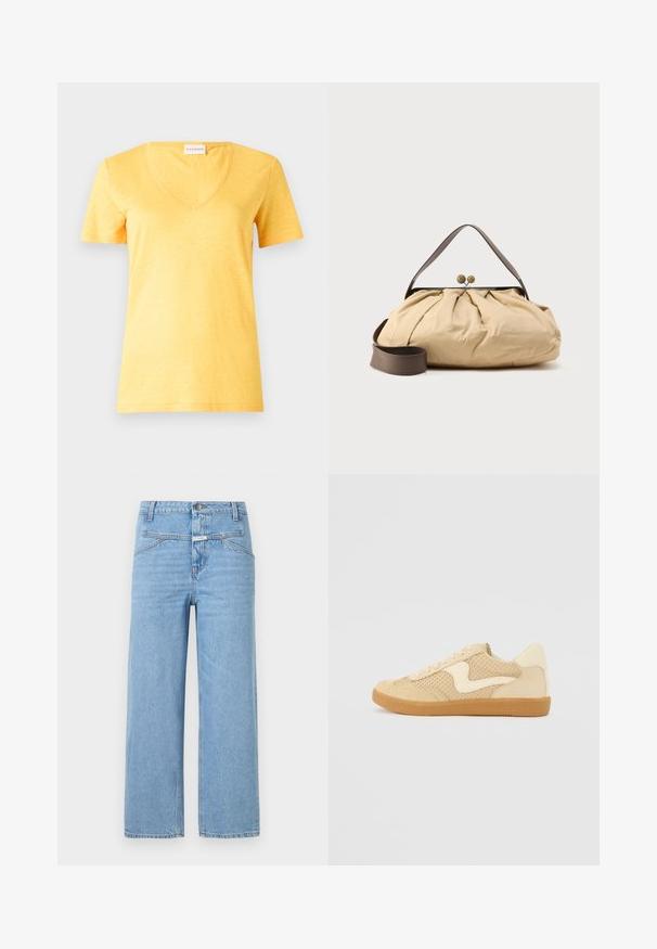 Gele kortadirige V-hals t-shirt gemaakt van een lichte, iets gestructureerde stof. Heeft een relaxte pasvorm en een gestikte zoom.; CLOSED STOVER - Relaxed fit jeans - light blue; Beige sneaker van suede en mesh materialen, ronde vorm, opvallende gepolsterde kraag en een gumrubberen zool. Kenmerkt zich door een golvend ontwerp accent.; Beige stoffen tas met een geplooid ontwerp, bruine leren handgreep en twee ronde metalen sluitingen aan de bovenkant. Inclusief verstelbare bruine riem.