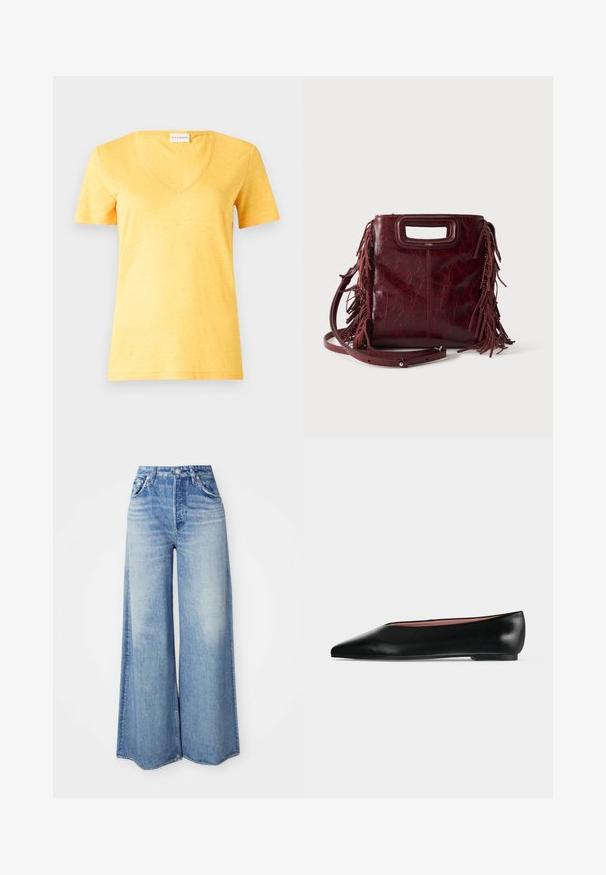 Gele kortadirige V-hals t-shirt gemaakt van een lichte, iets gestructureerde stof. Heeft een relaxte pasvorm en een gestikte zoom.; Wijdellige jeans van lichtblauwe denim, met een hoge taille, vijf-pocket ontwerp, vervaagde wassing en rafelige zoom.; Zwarte leren damesschoen met platte zool, puntige neus en lage hak, zijwaarts afgebeeld tegen een effen lichtgrijze achtergrond.; Vierkante bordeaux leren handtas met uitgesneden handvat, zijfranjes en een verstelbare schouderriem op een effen achtergrond.