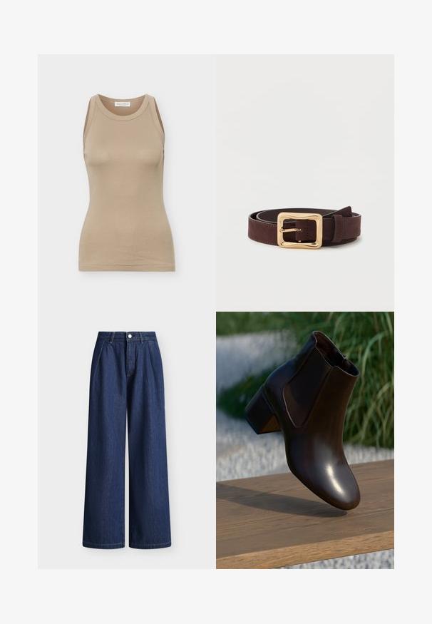 Débardeur beige ajusté pour femmes, sans manches, avec encolure ronde et étiquette Marc O'Polo à l'intérieur du col arrière.; Pantalon large en denim bleu foncé taille haute avec plis sur le devant, passants de ceinture et fermeture par bouton.; Bottine en cuir marron avec un bout rond et un petit talon block, dotée de panneaux latéraux élastiques et d'une finition lisse et brillante.; Ceinture en cuir marron foncé avec une large boucle carrée dorée, enroulée à plat sur une surface blanche.