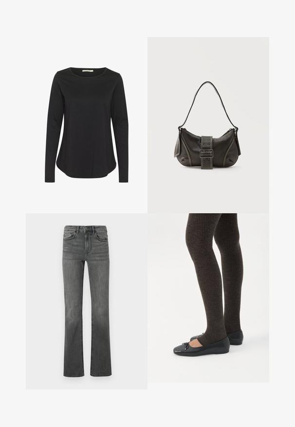 Sort langærmet skjorte med rund halsudskæring. Fremstillet af blødt, glat stof; har en afslappet pasform og buet kant.; Bredde jeans i mørkegrå denim med høj talje, fem lommer og en enkelt knaplukning. Glat tekstur med let falmning.; Ben iført mørke ribbede leggings kombineret med sorte balletsko med små sløjfedetaljer på hvid baggrund.; Sort læder skuldertaske med spænde på remmen, afrundede kanter og kontrasterende hvide syninger på en ensfarvet baggrund.