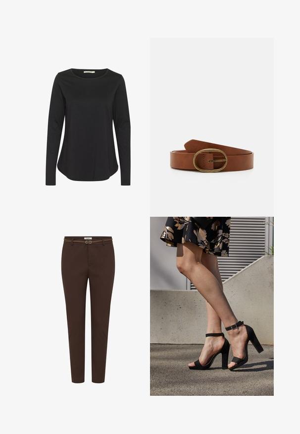 Camisa negra de manga larga con cuello redondo. Hecha de una tela suave y lisa; presenta un ajuste relajado y un dobladillo curvado.; Pantalones ajustados de color marrón oscuro para mujer, con un cinturón delgado a juego que tiene una pequeña hebilla metálica en la cintura.; Sandalias de tacón alto de ante negro con una correa en el tobillo y hebilla, diseño de punta abierta y tacón ancho. Textura suave y estilo minimalista.; Cinturón de cuero marrón con una hebilla ovalada de bronce. El cinturón presenta una textura suave y un detalle de costura simple cerca de la hebilla para el diseño.