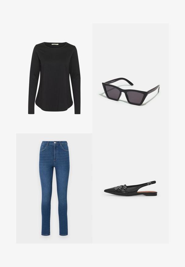 Sort langærmet skjorte med rund halsudskæring. Fremstillet af blødt, glat stof; har en afslappet pasform og buet kant.; Slanke jeans lavet af mørkeblå denim med høj talje, fem lommer og subtile syninger. Stoffet ser glat ud og er let strækbart.; Sort læderslyngeflad sko med spids tå, der har to vandrette stropper og firkantede sølvspænder, lav hæl og glat tekstur.; Sorte, kantede solbriller med grå linser; lavet af plast, med tykke stænger med en glat overflade og ingen synlig hardware.