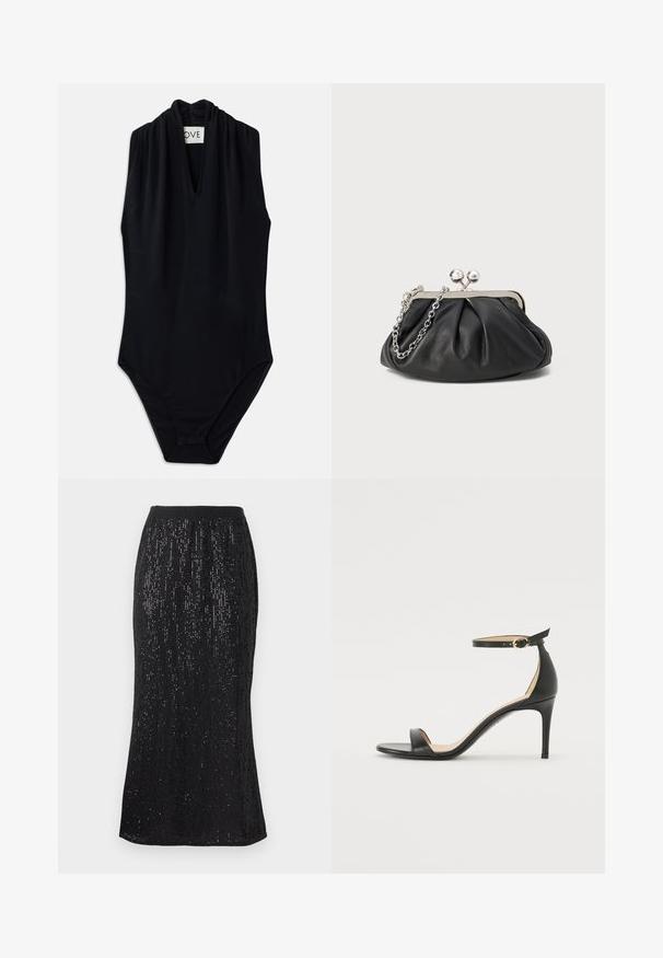 Bodysuit sans manches noir avec un décolleté en V profond et des détails froncés au col. Fabriqué en tissu lisse et extensible. Design minimaliste.; Jupe noire avec une taille ajustée, ornée de sequins verticaux pour un effet texturé. L'ourlet est légèrement courbé, créant une silhouette élancée.; Sandale à talons hauts en cuir noir avec une lanière de cheville. Présente une texture lisse, un bout ouvert et un talon fin. Détail de boucle en ton doré.; Porte-monnaie en cuir noir avec texture froncée, cadre en métal argenté, fermeture à verrouillage kiss-lock et bandoulière en chaîne. Surface lisse et douce.