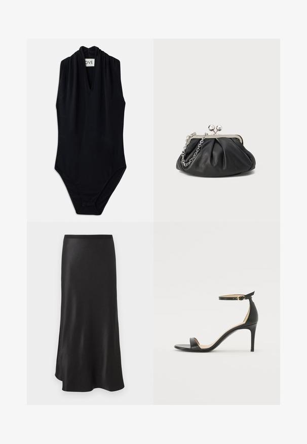 Bodysuit sans manches noir avec un décolleté en V profond et des détails froncés au col. Fabriqué en tissu lisse et extensible. Design minimaliste.; Jupe midi en satin noir avec une ceinture droite et un léger évasement à l’ourlet, présentée sur fond blanc.; Sandale à talons hauts en cuir noir avec une lanière de cheville. Présente une texture lisse, un bout ouvert et un talon fin. Détail de boucle en ton doré.; Porte-monnaie en cuir noir avec texture froncée, cadre en métal argenté, fermeture à verrouillage kiss-lock et bandoulière en chaîne. Surface lisse et douce.