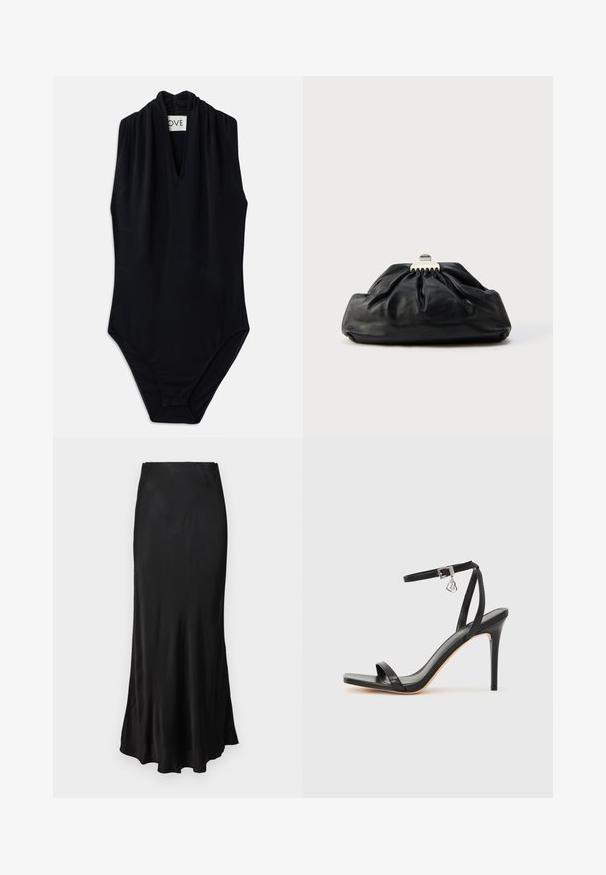 Sort ærmeløs bodysuit med en dyb v-udskæring og samling ved kraven. Fremstillet af glat, strækbart stof. Minimalistisk design.; Sort satin maxi-nederdel med en glat tekstur, tætsiddende i taljen og med en blid udvidelse mod kanten med et enkelt, rent design.; Sort hæl-sandal med smal ankrem, firkantet tå-boks, glat lædermateriale og metalspænde som pynt.; Sort læderclutch med en samlet tekstur, metal lukning og diskret præget logo på forsiden. Rundet form.