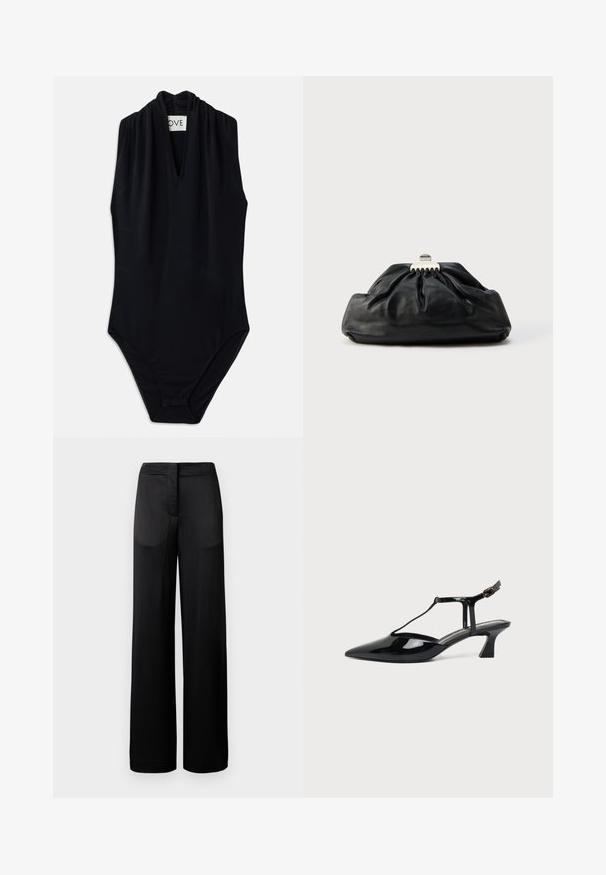 Bodysuit sans manches noir avec un décolleté en V profond et des détails froncés au col. Fabriqué en tissu lisse et extensible. Design minimaliste.; Pantalons noirs à jambes larges avec une surface texturée, dotés d'une taille plate et de deux poches latérales. Le tissu semble léger et fluide.; Chaussure slingback en cuir verni noir à bout pointu avec bride en T et petit talon bloc incliné sur fond blanc.; Pochette en cuir noir avec une texture plissée, fermeture à fermoir métallique, et logo embossé discret sur le devant. Forme arrondie.