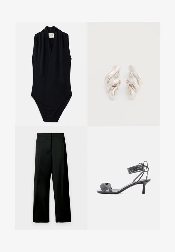 Sort ærmeløs bodysuit med en dyb v-udskæring og samling ved kraven. Fremstillet af glat, strækbart stof. Minimalistisk design.; Sorte bukser med brede ben lavet af et glat stof. Har en struktureret linning, forlommer og et minimalistisk design uden mønstre.; Grå læder sandal med hæl, knyttet rem ved tæerne og snørebånd, der vikles om anklen, på slank mellemhøj hæl mod hvid baggrund.; Tvistede sølvfarvede ørestikker med en glat, blank overflade, der har et moderne, abstrakt spiraldesign.