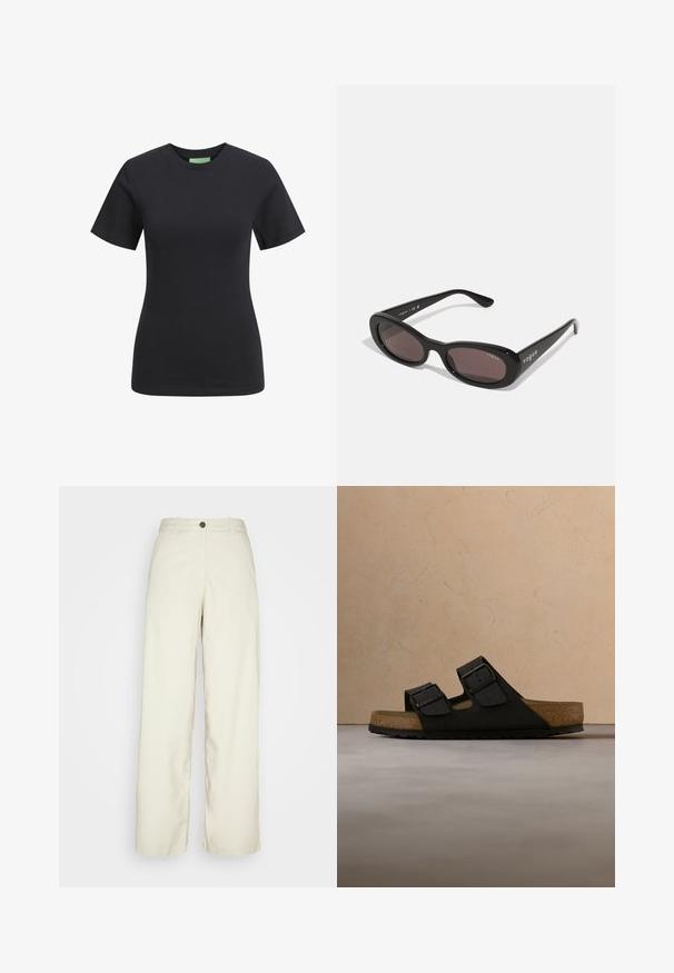 Sort kortærmet t-shirt med rund halsudskæring, lavet af glat bomuldsstof, der har en slim fit og ingen synlige mønstre eller detaljer.; Weekday ELIO - Bukser - beige dusty light; Sort sandal med dobbelt rem og korksål, der svæver over beige tæppe, rundt træbord med to stabler bøger og lys stofsofa i baggrunden.; Sorte solbriller med ovale rammer, mørkt tonede linser og "vogue" trykt i hvidt på de ydre arme. Glat plastmateriale.