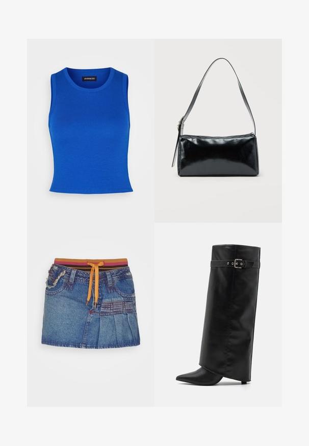 Royal blue ribbet top med rund halsudskæring og brede skulderstropper. Glat tekstur uden synlige mønstre eller detaljer.; Jaded London PLEAT SIDE SKIRT WITH WAISTBAND - A-snit nederdel - denim in 00s wash; Even&Odd by Zalando Højhælede støvler - black; Sort rektangulær skuldertaske med en enkelt justerbar rem og lynlås i toppen på en ensfarvet baggrund.