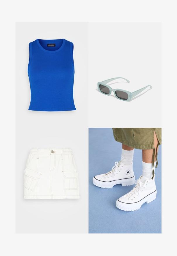 Kobaltblauwe geribbelde tanktop met een ronde halslijn en brede schouderbanden. Soepele textuur zonder zichtbare patronen of accenten.; BDG Urban Outfitters SKIRT - Jeansrok - white; Witte hoge sneakers met een gestructureerde canvas bovenkant, rubberen neuskap en dikke witte platformzool. Voorzien van zwarte accenten en veterogen.; Een paar rechthoekige zonnebrillen met lichtblauwe doorzichtige monturen en donkergrijze glazen, met rechte pootjes en minimale hardwaredetails.