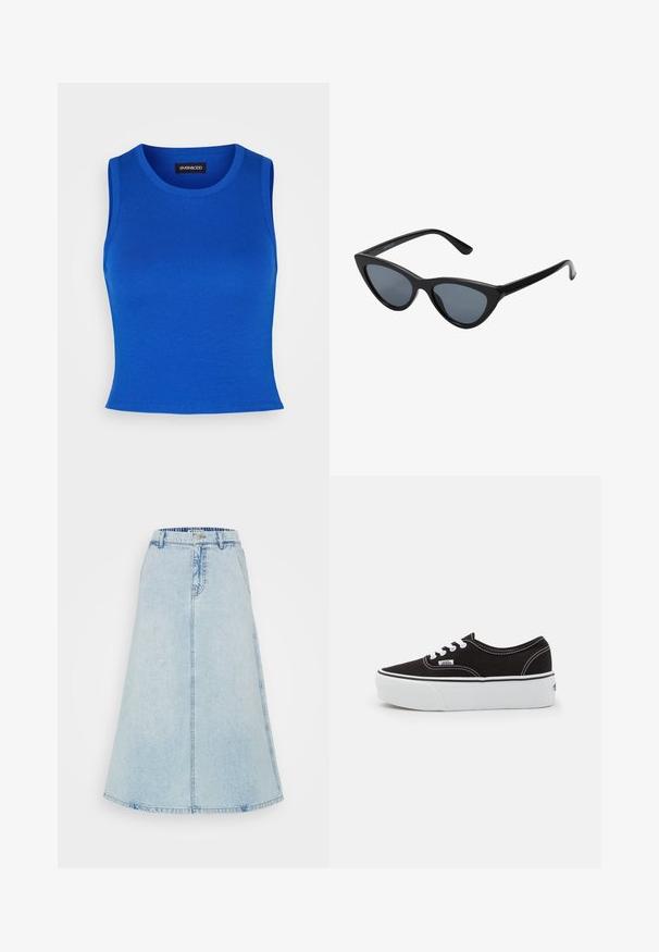 Débardeur côtelé bleu royal avec un col rond et de larges bretelles. Texture lisse sans motifs ni accents visibles.; Une jupe midi en denim bleu clair, présentant une forme évasée, une taille avec passants de ceinture, et des coutures apparentes le long des coutures.; Baskets en toile noires avec une semelle en caoutchouc blanc, dotées de lacets et de coutures blanches, marquage emblématique sur le côté, design basse.; Lunettes de soleil noires en forme d'œil de chat avec des verres gris foncé, monture en plastique élégante, coins pointus et branches droites. Pas de métal visible ni d'accents.