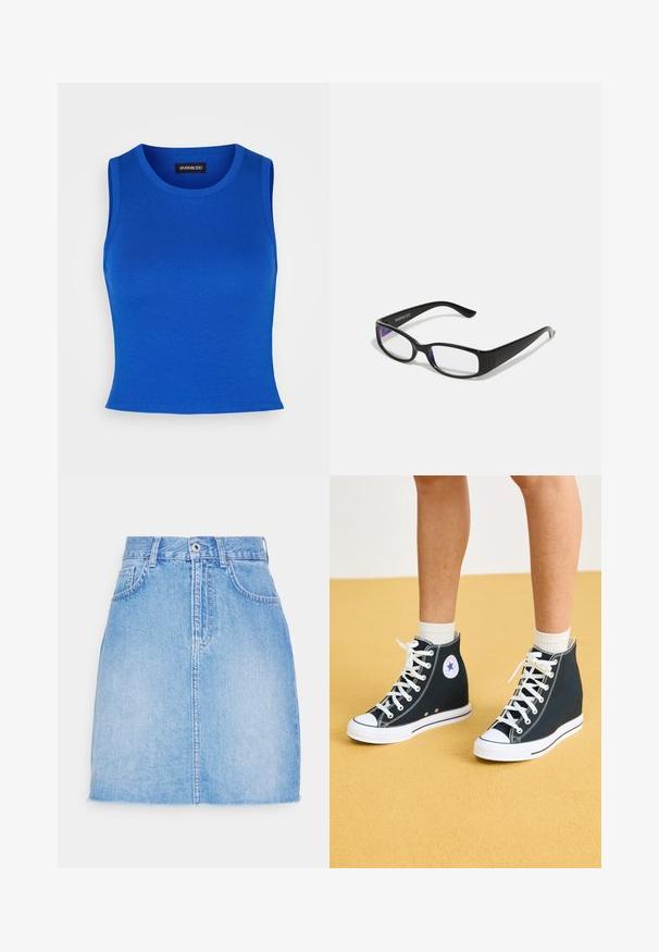 Königsblaue gerippte Tanktop mit rundem Ausschnitt und breiten Schulterträgern. Glatte Textur ohne sichtbare Muster oder Akzente.; Helleblaue Jeansrock mit geradem Schnitt, vorn mit Knopfverschluss und zwei Seitentaschen. Der Saum ist leicht ausgefranst für einen lässigen Look.; Dunkelblaue Canvas-Hochschuhe mit weißen Gummisohlen, Schnürsenkeln und Akzenten. Mit einem runden Logo und weißen Nähdetails.; Schwarze rechteckige Brille mit klaren Gläsern. Glänzende Oberfläche, schmale Bügel und lila Tönung an den Rändern der Gläser sichtbar.