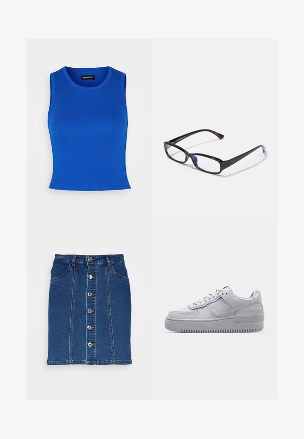 Débardeur côtelé bleu royal avec un col rond et de larges bretelles. Texture lisse sans motifs ni accents visibles.; Vero Moda VMPETRA SHORT SKIRT - Jupe en jean - medium blue denim; Basket en cuir lisse gris Nike Air Force 1 avec un bout perforé, une semelle épaisse et un détail 'AIR' en relief sur le talon.; Lunettes rectangulaires avec un motif écaille de tortue, monture en plastique noir et verres transparents. Présentent des branches fines et une légère courbure aux extrémités.