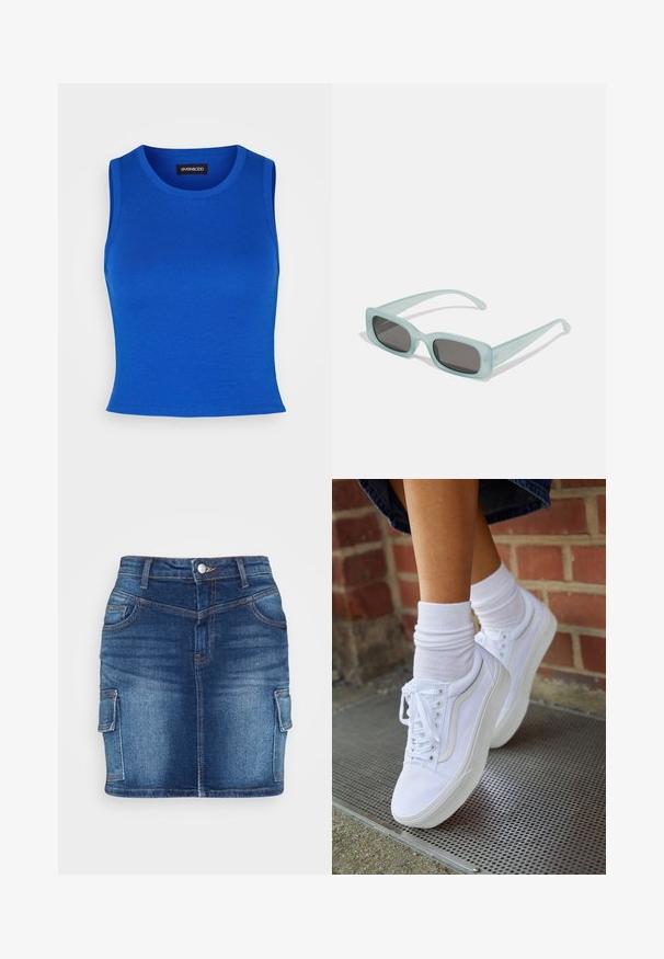Königsblaue gerippte Tanktop mit rundem Ausschnitt und breiten Schulterträgern. Glatte Textur ohne sichtbare Muster oder Akzente.; Noisy May NMAVA SKINNY SKIRT - Jeansrock - medium blue denim; Weiße Leinensneaker mit Gummisohlen, ausgestattet mit sechs Ösen, runder Zehenpartie und dezenten Nähten, kombiniert mit weißen Knöchelsocken.; Ein Paar rechteckige Sonnenbrillen mit lichtblauen, halbtransparenten Rahmen und dunkelgrauen Gläsern, ausgestattet mit geraden Bügeln und minimalen Hardware-Details.