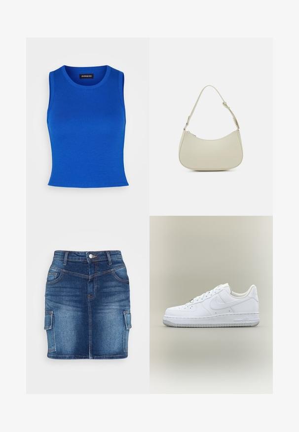 Kobaltblauwe geribbelde tanktop met een ronde halslijn en brede schouderbanden. Soepele textuur zonder zichtbare patronen of accenten.; Noisy May NMAVA SKINNY SKIRT - Jeansrok - medium blue denim; Witte lage Nike Air Force 1 sneaker met veters, geperforeerde neus en gestructureerde rubberen zool op neutrale achtergrond.; Pieces PCALUANA SHOULDER BAG - Handtas - birch