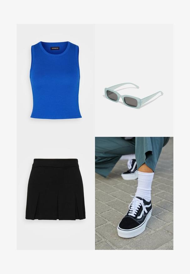 Royal blue ribbet top med rund halsudskæring og brede skulderstropper. Glat tekstur uden synlige mønstre eller detaljer.; Even&Odd by Zalando Mini skirts - black; Sorte ruskinds sneakers med hvide accenter og snørebånd, der har en tyk hvid sål og kontrasterende syninger, parret med en hvid sok.; Et par rektangulære solbriller med lyseblå gennemsigtige stel og mørkegrå linser, der har lige templer og minimale hardware detaljer.