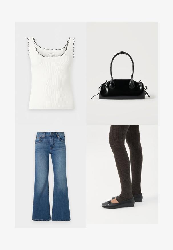 Débardeur blanc côtelé sans manches avec bords festonnés soulignés de noir autour de l'encolure et des bretelles.; Jean en denim bleu taille haute, design classique à cinq poches, bouton métallique, et jambes évasées larges.; Jambes portant des leggings côtelés foncés associés à des ballerines noires avec de petits détails en nœud sur fond blanc.; Petit sac à main noir brillant avec deux longues anses et des détails à cordon sur les côtés sur un fond clair uni.